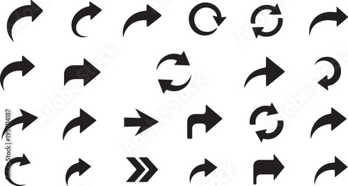 Collection of various black arrow icons on white background