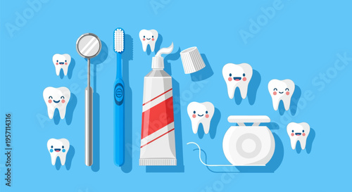 Dental care tools and happy teeth characters for oral hygiene.