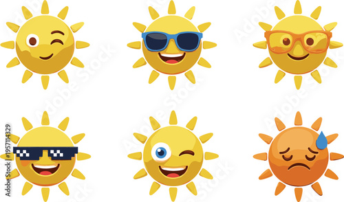 Collection of Fun and Expressive Sun Icons with Different Facial Expressions and Sunglasses for Summer and Emoji-Themed Designs