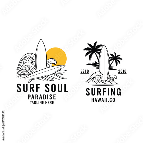 Vintage-style surfing emblems with surfboards, waves, sun, and tropical palm trees