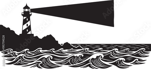 Lighthouse on rocky coast with beam shining over ocean waves