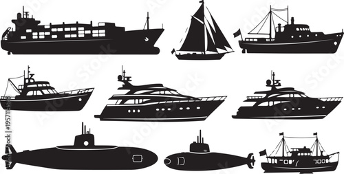 Collection of various boat and ship silhouettes on white background
