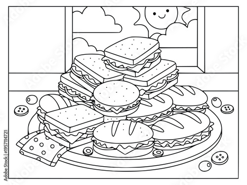 Sandwich coloring page shows a large pile of delicious snacks on a plate