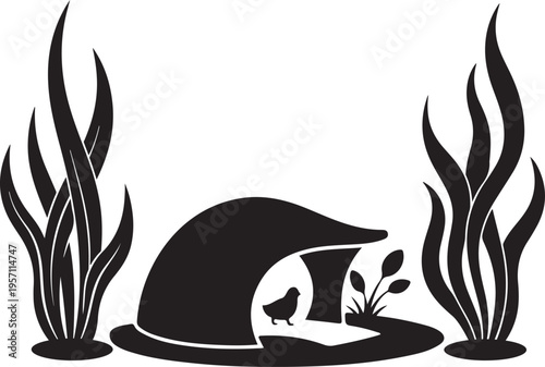 Abstract solid black fill clean silhouette vector design of a tranquil pond with aquatic plants and a small bird resting peacefully