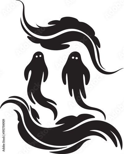 Ethereal abstract black vector design with two stylized phantom figures emerging from flowing organic patterns, a clean silhouette expressing mystery