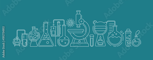 Medical laboratory icons with microscope, flasks and chemical research equipment. Outline banner of scientific lab with microscope, glass tube, beaker, molekule and cell, vector illustration