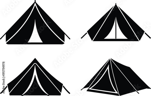 Outdoor adventure camping tent vector icon set