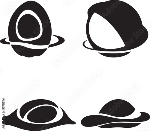 Abstract solid black fill clean silhouette vector design, showcasing unique cosmic-inspired forms with elegant orbital elements and a modern aesthetic