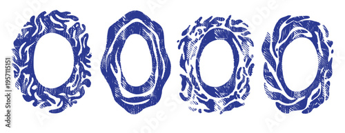 Set of  oval crayon frame borders. Hand drawn linocut style, blue ink grunge texture with organic splatter and wavy edges. Isolated vector illustration