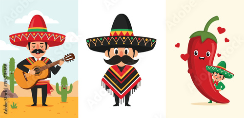 Mexican Traditional Characters and Chilli Pepper Fun Fiesta Illustration Set