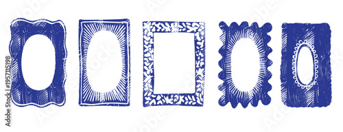 Set of hand-drawn blue frame elements with linocut and crayon textures. Creative doodle borders, grunge ink strokes, and naive design isolated on white for artistic illustration projects