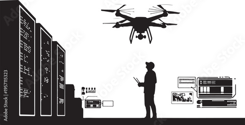 Silhouette of man controlling drone with computer and server room