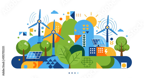 Vector illustration of eco-friendly cityscape with renewable energy