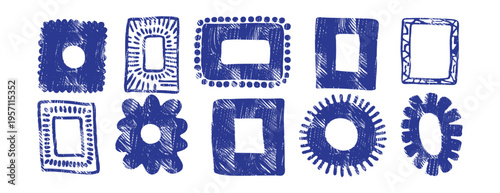 Set of  crayon frame borders. Hand drawn linocut style, blue ink grunge, square, oval and round shapes with dots and hatching. Isolated vector illustration