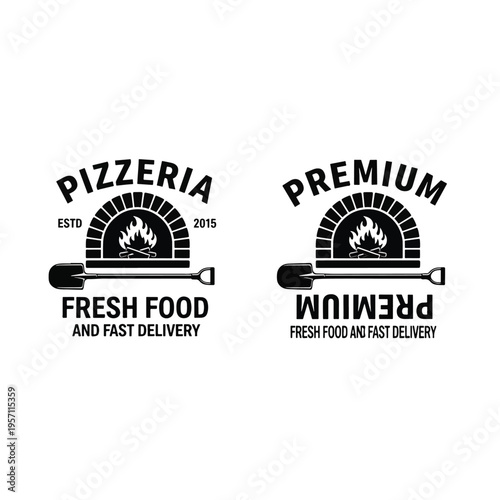 Traditional wood-fired oven logo with pizza peel for fresh food delivery service vector illustration