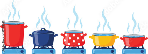 Set of Colorful Cooking Pots on Stoves with Steaming Lids, Featuring Red, Blue, Polka-Dot, and Yellow Designs for Kitchen and Cooking Illustrations
