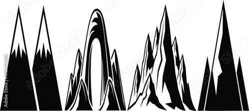 Stylized Mountain Range Collection in Black and White, Featuring Sharp Peaks and Dramatic Landscapes for Adventure and Nature Themes