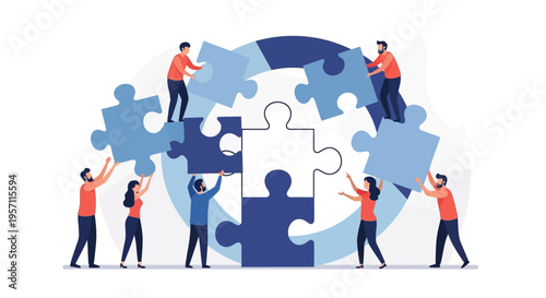 Diverse team collaborating to assemble a large puzzle.