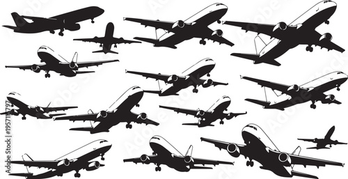 Collection of airplane silhouettes in various flight positions and angles