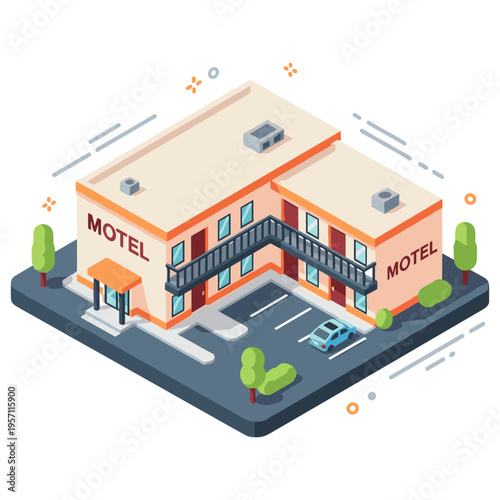 Isometric view of modern motel building with parking area and trees