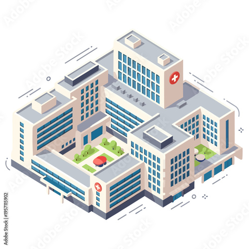 Isometric view of modern hospital complex with courtyard and red parasols