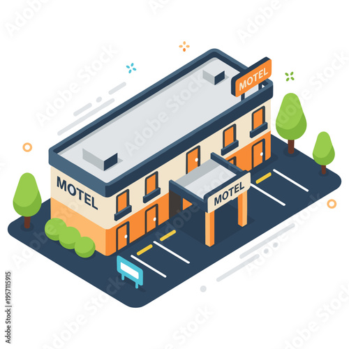 Isometric motel building with parking and trees