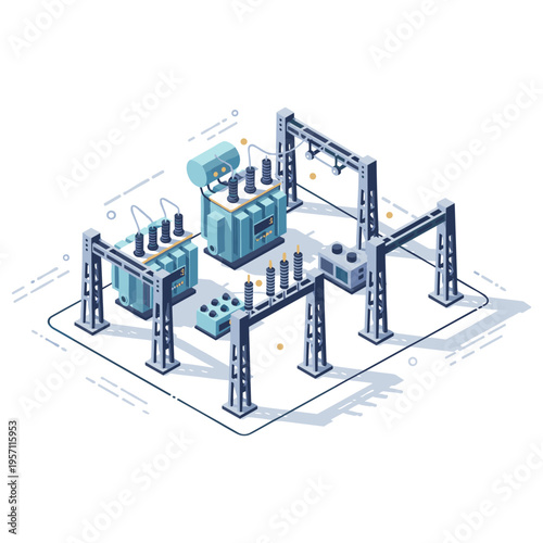 Modern electrical substation with transformers and circuit breakers