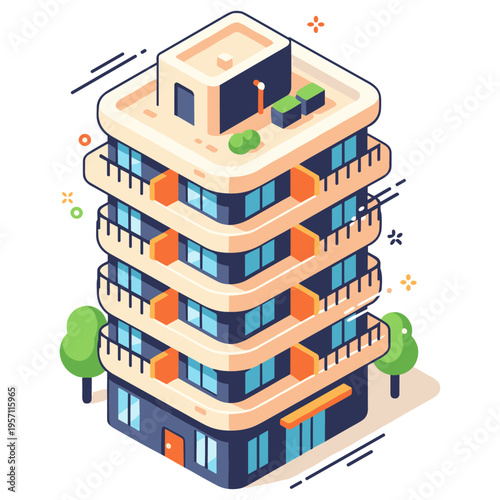 Modern isometric apartment building with balconies and rooftop garden
