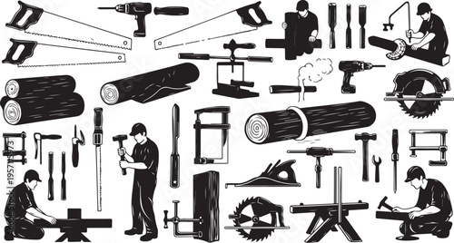Workers with various carpentry tools and equipment in workshop setting