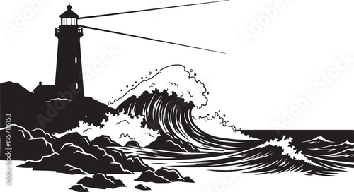 Dramatic Black and White Lighthouse Ocean Wave Illustration Artwork
