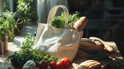 A canvas tote bag lying on a wooden table surrounded by fresh vegetables and bread. The bag is partially open