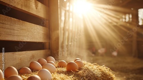 A chicken coop interior where several fresh eggs rest in straw-lined nests. 