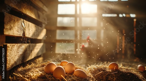 A chicken coop interior where several fresh eggs rest in straw-lined nests. 