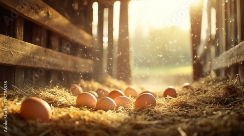 A chicken coop interior where several fresh eggs rest in straw-lined nests. 