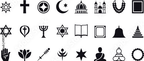 Black and white religious symbols including cross star moon