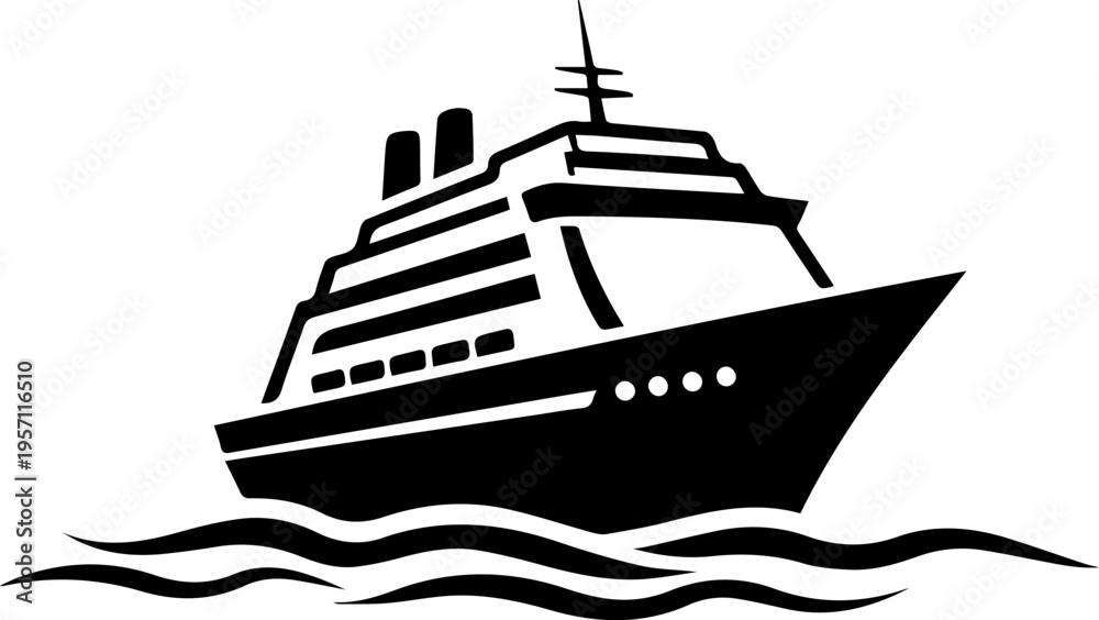 Naklejka premium Cruise Ship Silhouette Vector Illustration on Waves