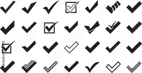 Collection of various checkmark and tick icons on white background