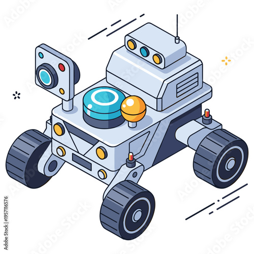 Cute isometric robot rover cartoon with sensors and antenna on white background. No editable stroke