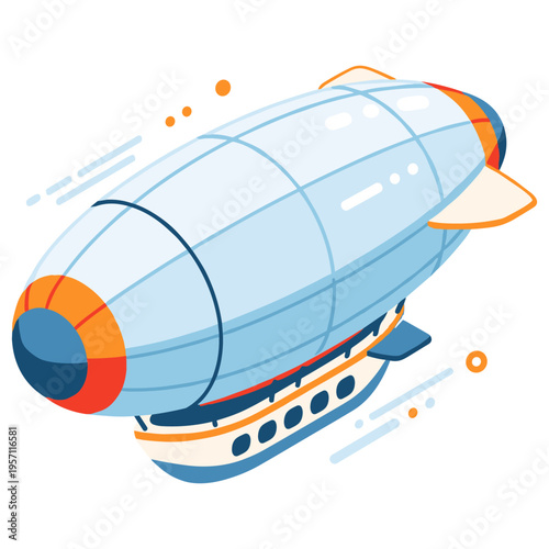 Whimsical light blue airship with orange accents in flight on white background. No editable stroke