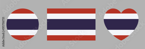 National Flag of Thailand circle, heart, rectangle icon, sticker, badge. Thailand flag round, rectangular, heart button, banner. 