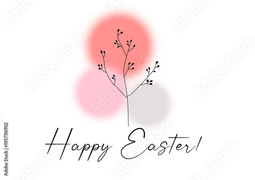 Happy Easter script lettering with a minimalist botanical branch on pink and red blurred circles. Transparent background. Isolated holiday PNG design.