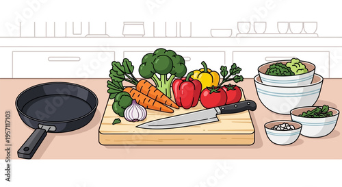 Fresh vegetables and cooking utensils on a kitchen counter.