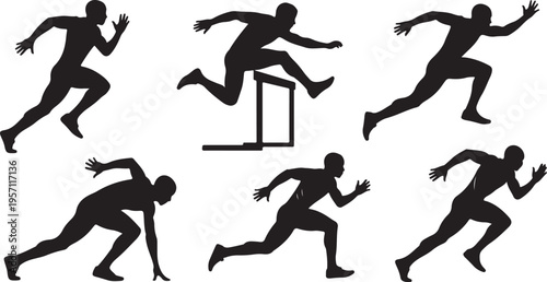 Silhouette of runners in various sprinting and jumping positions