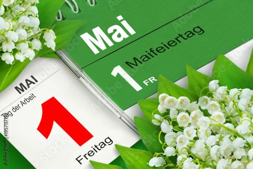 Deutscher Kalender Datum 1. Mai  2026 Tag der Arbeit und Maiglöckchen