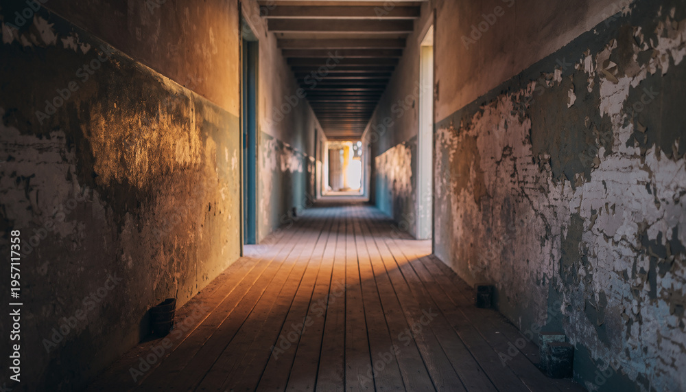 Obraz premium Long, narrow corridor with weathered walls and wooden floor, illuminated by natural light.
