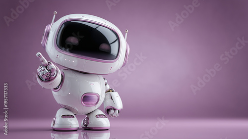 Friendly 3D white robot with pink details pointing up. Futuristic character with a large dark display on a purple background in the style of high-tech and artificial intelligence
