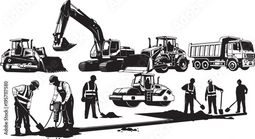 Construction workers and heavy machinery at a building site scene