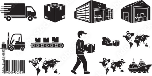 Logistics and shipping icons in black and white illustration style