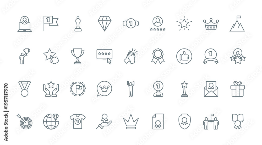Fototapeta premium Awards thin line icons set vector illustration. Outline black trophy badges simple collection, premium prize of best quality and trophy of winner, gold stars, diamond and cup reward, crown and laurel
