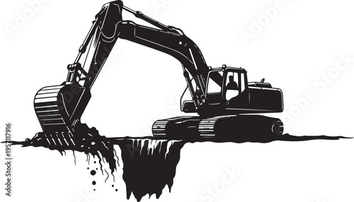 Excavator digging into the ground with a large bucket attached